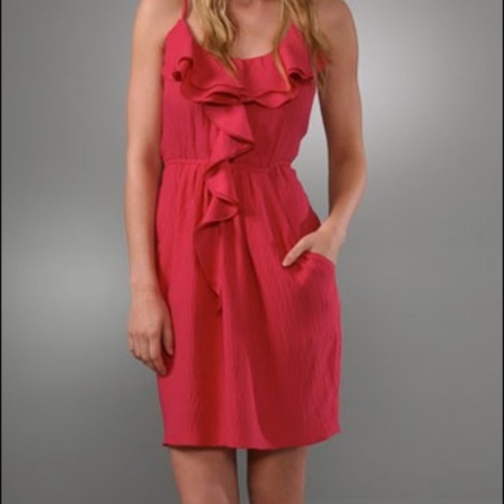 Rebecca Taylor Silk Ruffle Dress in Raspberry with Pockets